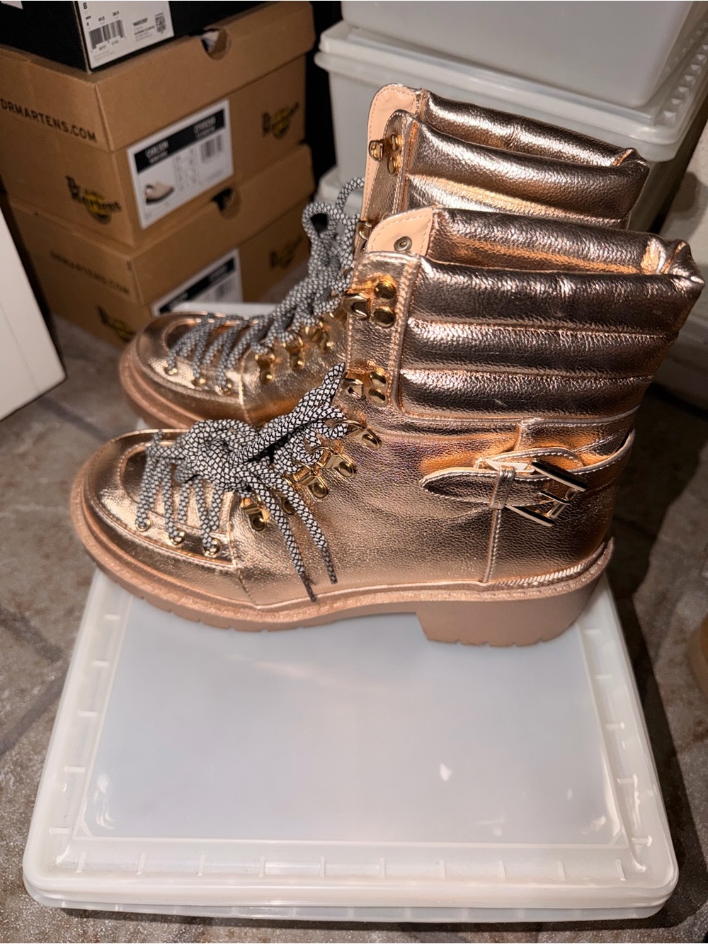 Metallic Rose Gold Women's Lace-Up Ankle Boots - Picture 2 of 4
